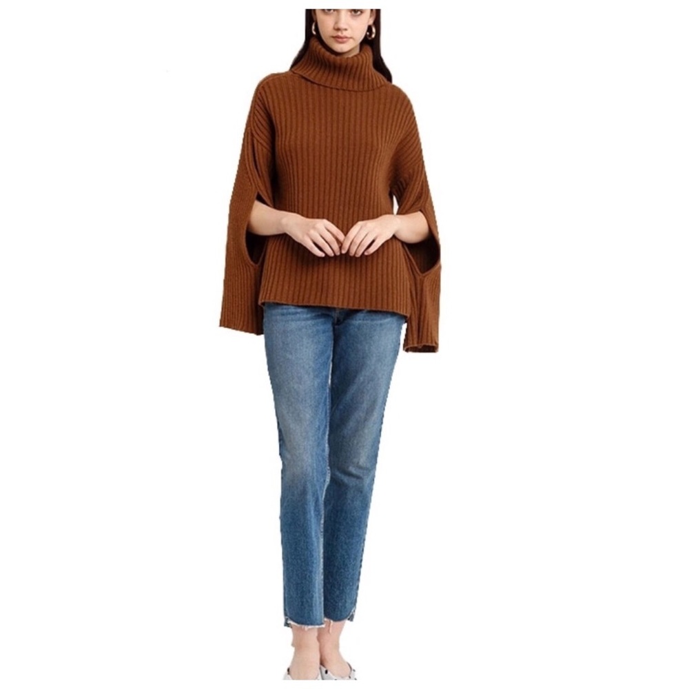 Brown Slit Sleeve Turtleneck Sweater C80 - Picture 2 of 5